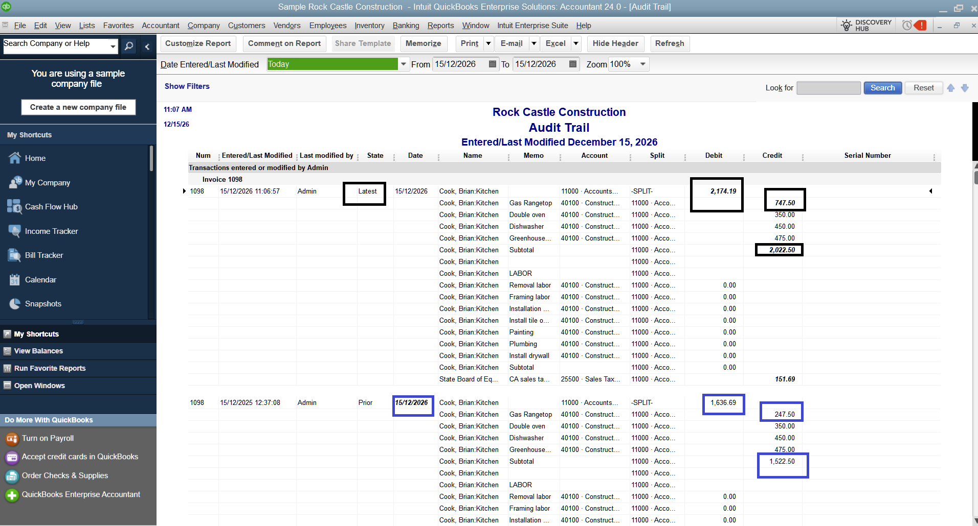 QuickBooks Desktop audit trail showing prior and latest values
