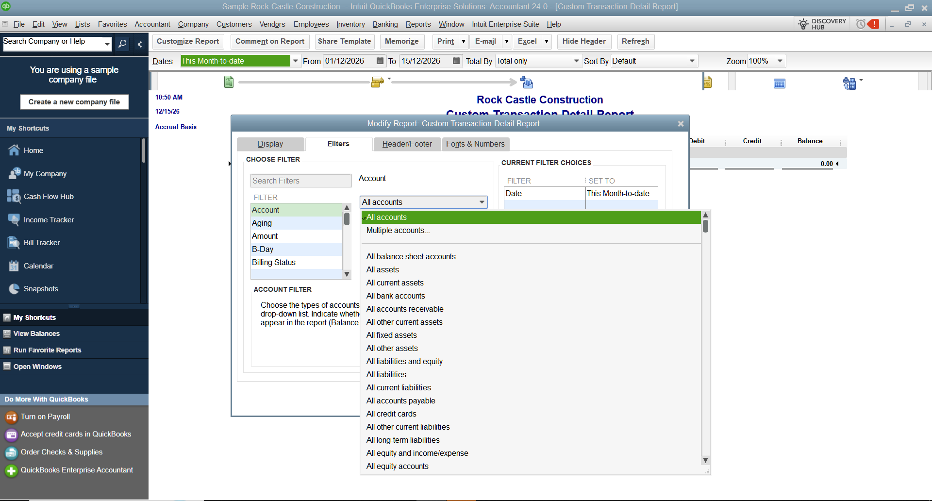 QuickBooks Desktop filtered custom report