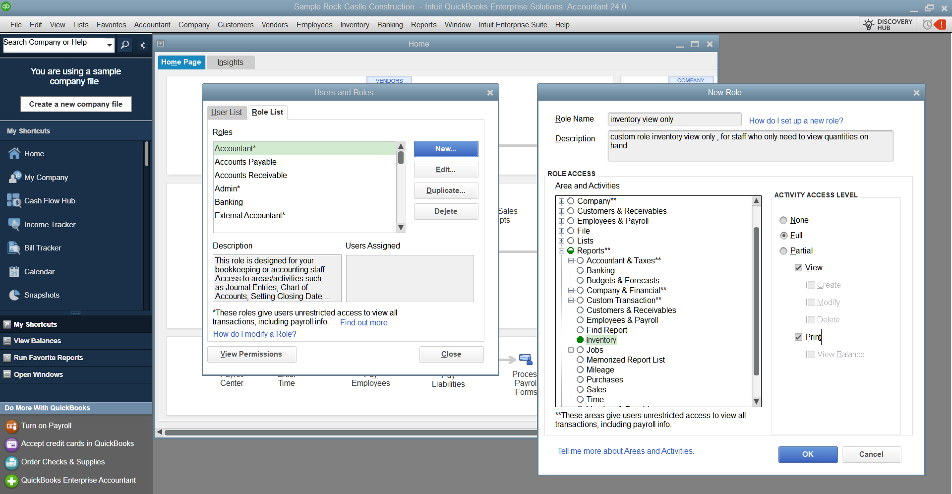 QuickBooks Desktop custom role with inventory view only access