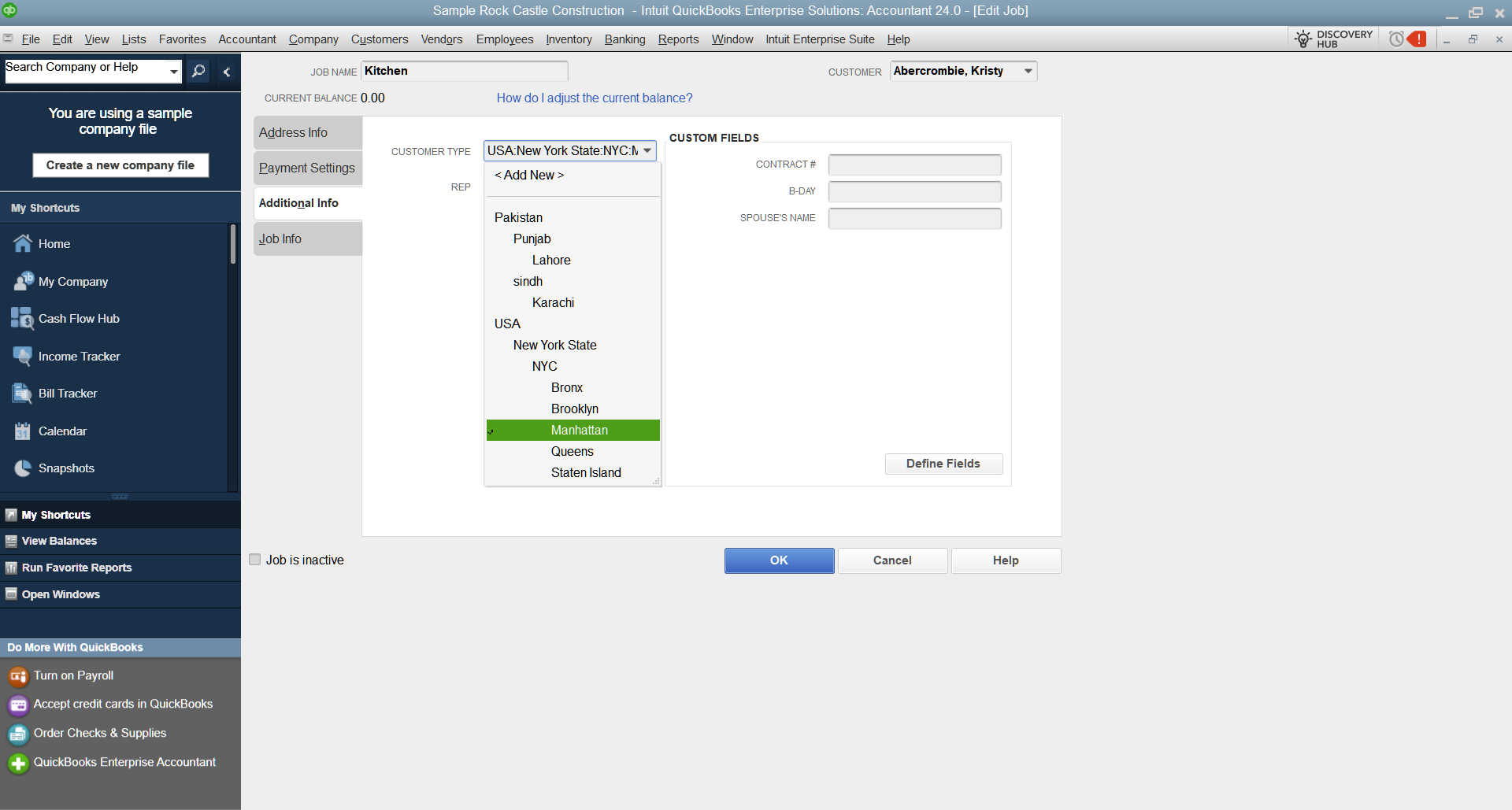QuickBooks Desktop customer type assigned to a customer record