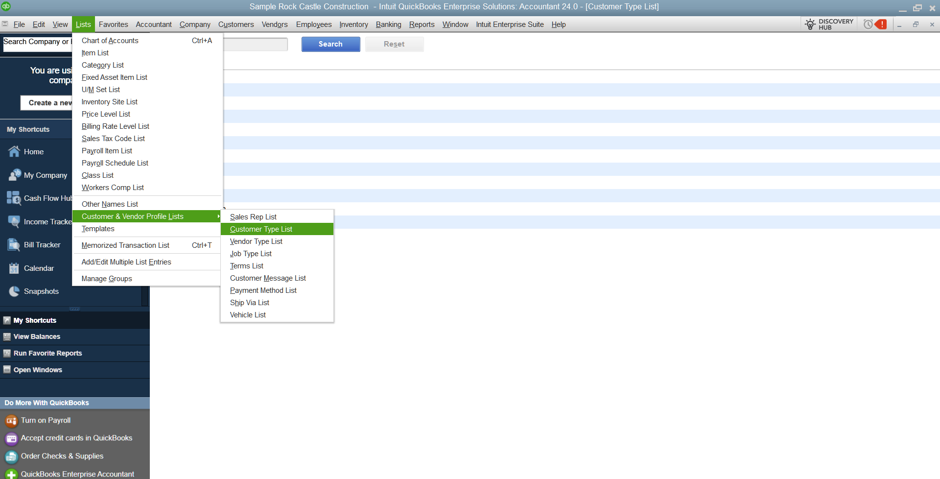 QuickBooks Desktop customer type list