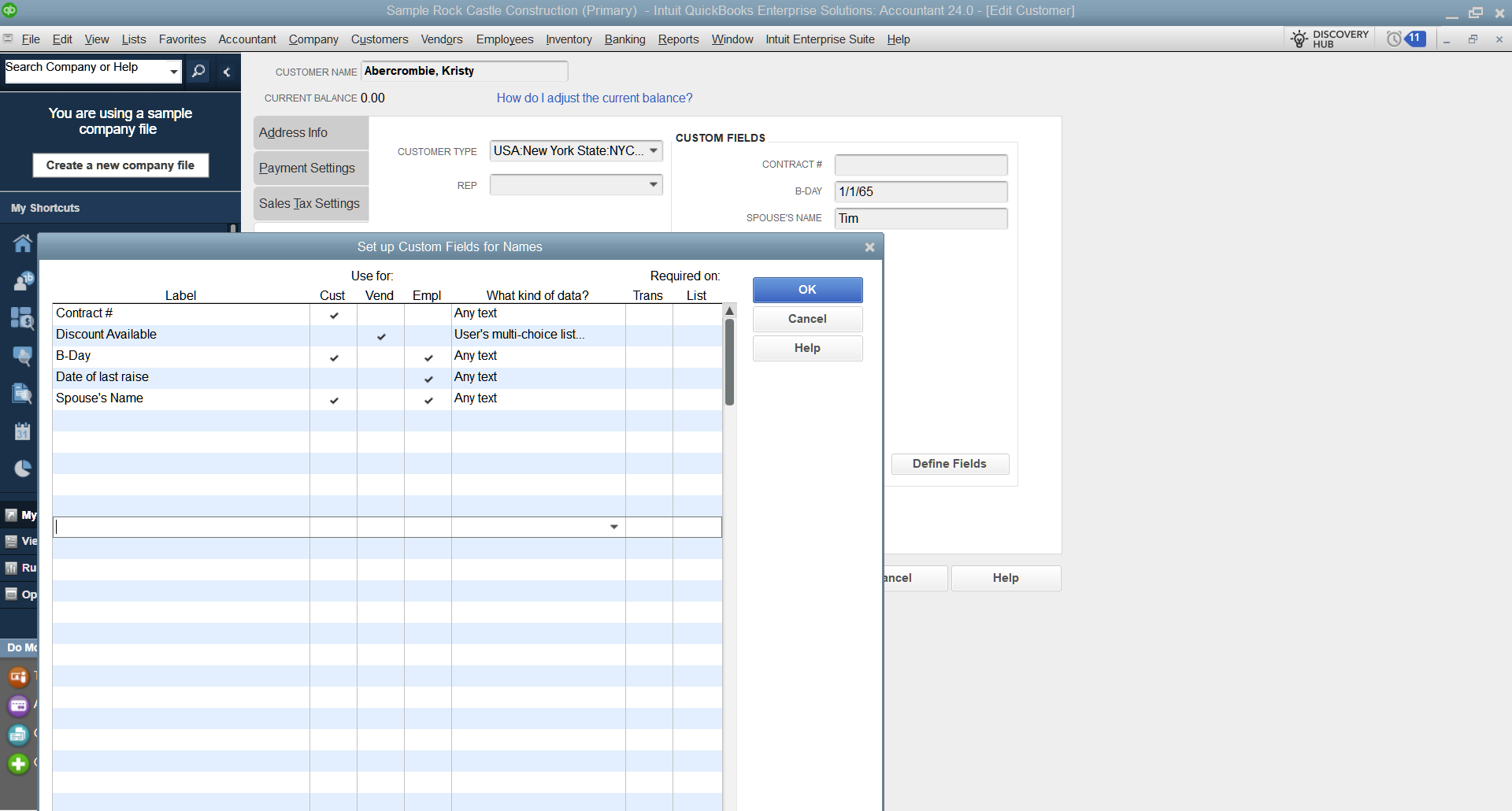 QuickBooks Desktop Define Fields screen showing custom fields for lists and transactions, with printable and multi-choice options