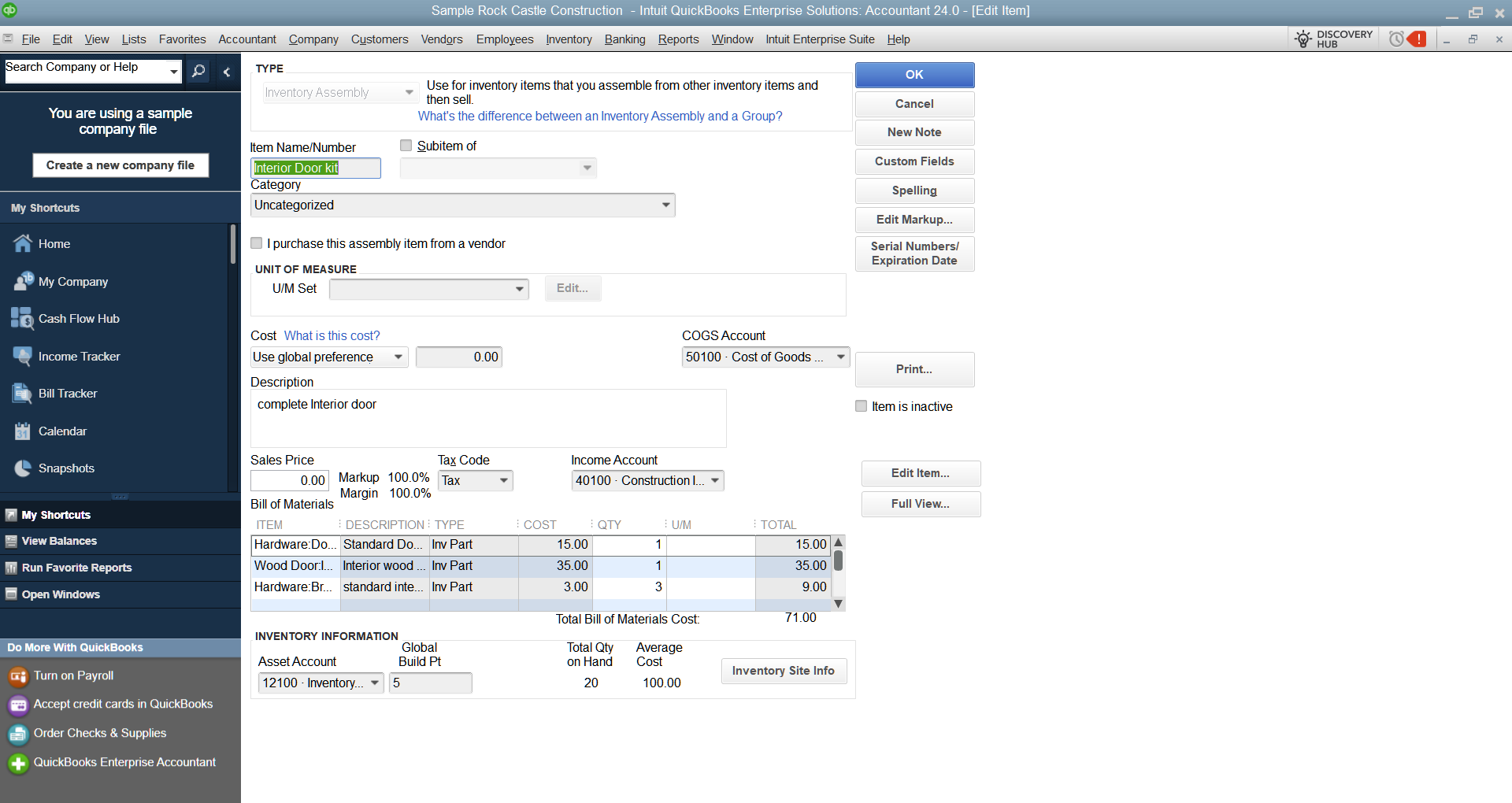 QuickBooks Desktop inventory assembly bill of materials detail
