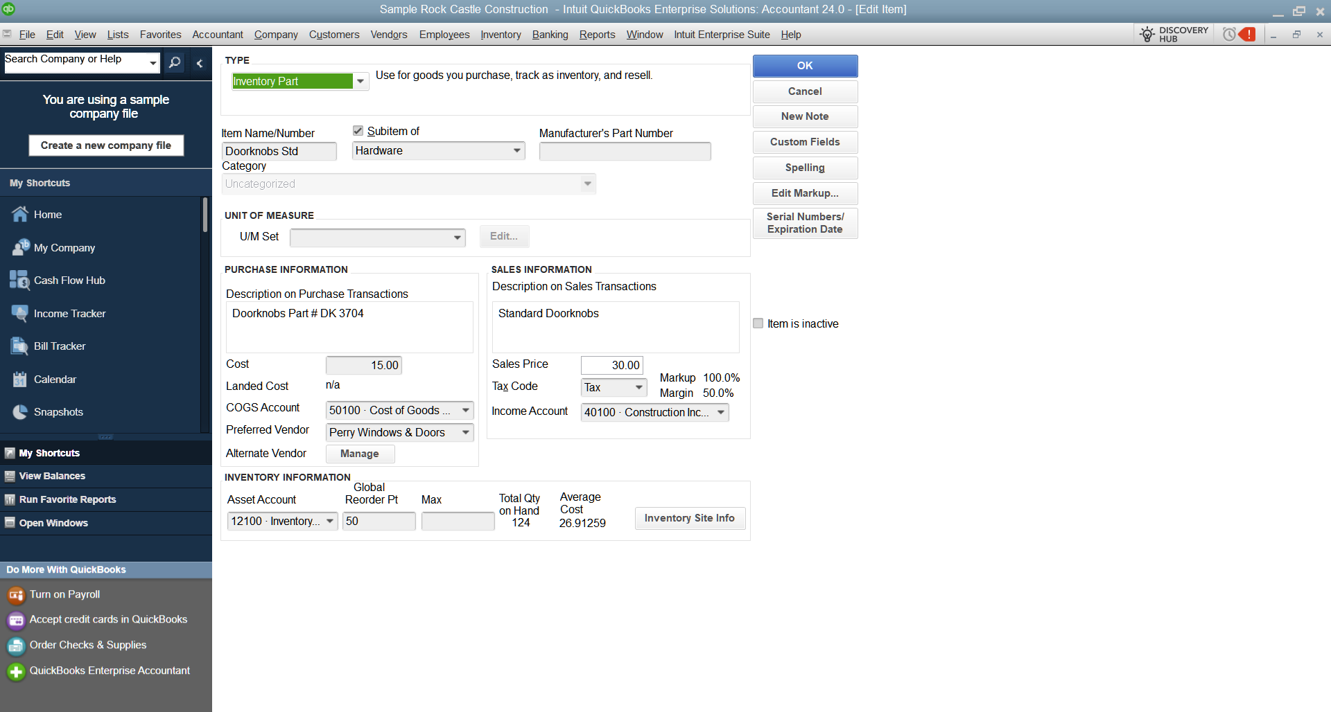 QuickBooks Desktop inventory item detail