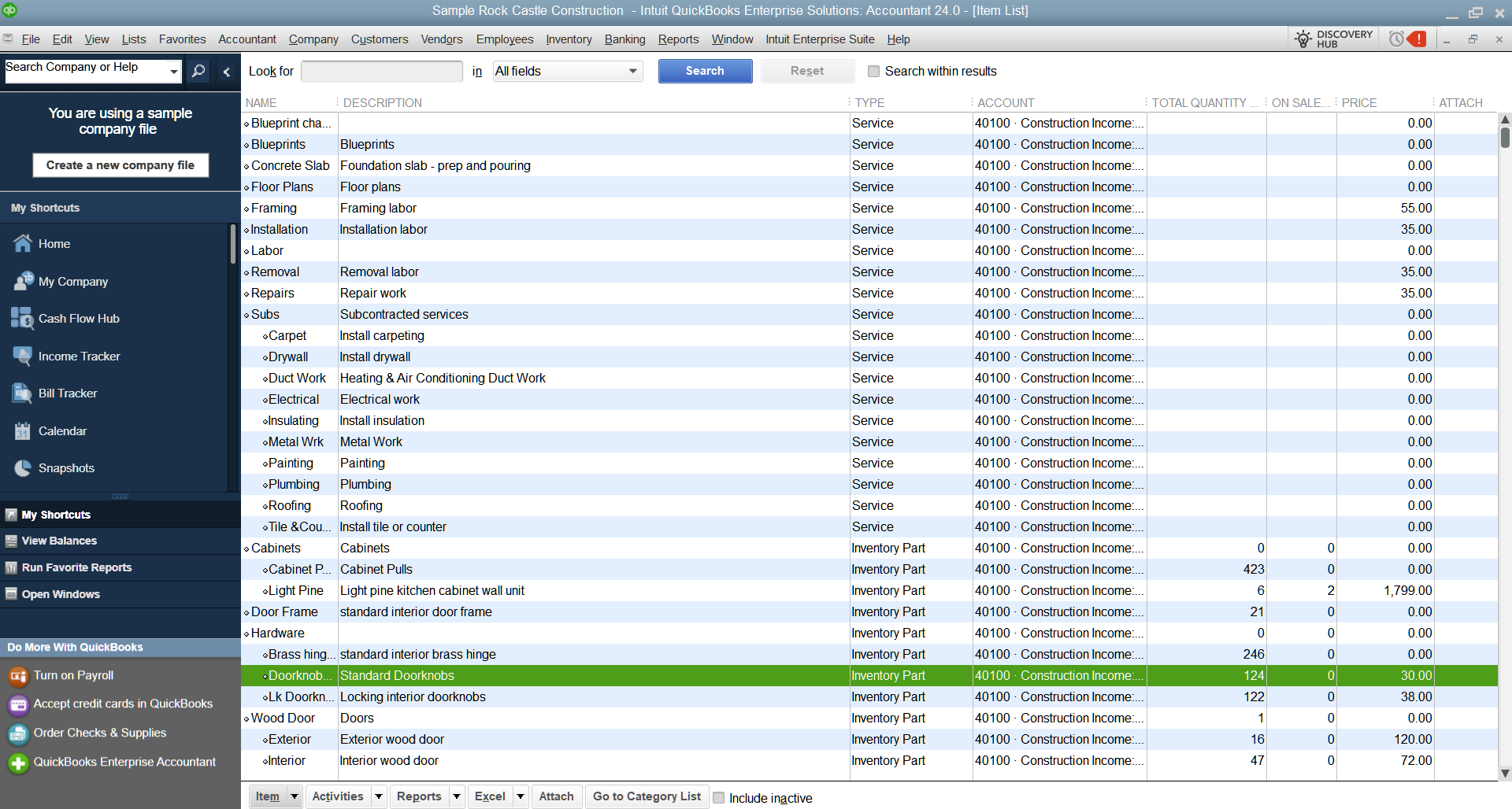 QuickBooks Desktop inventory list