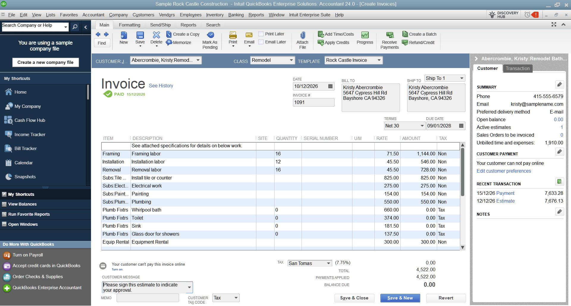 QuickBooks Desktop invoice screen