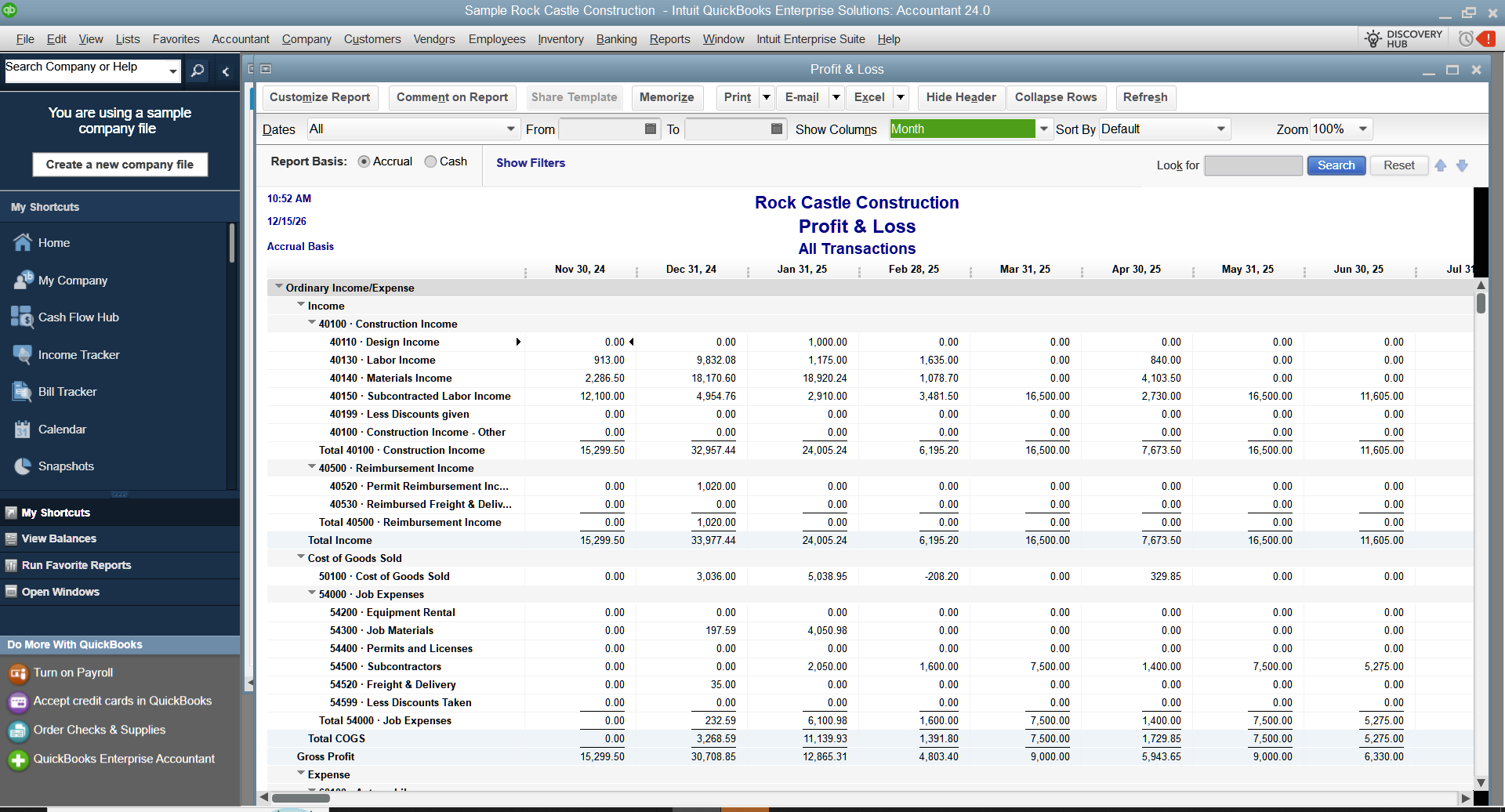 QuickBooks Desktop profit and loss by month report