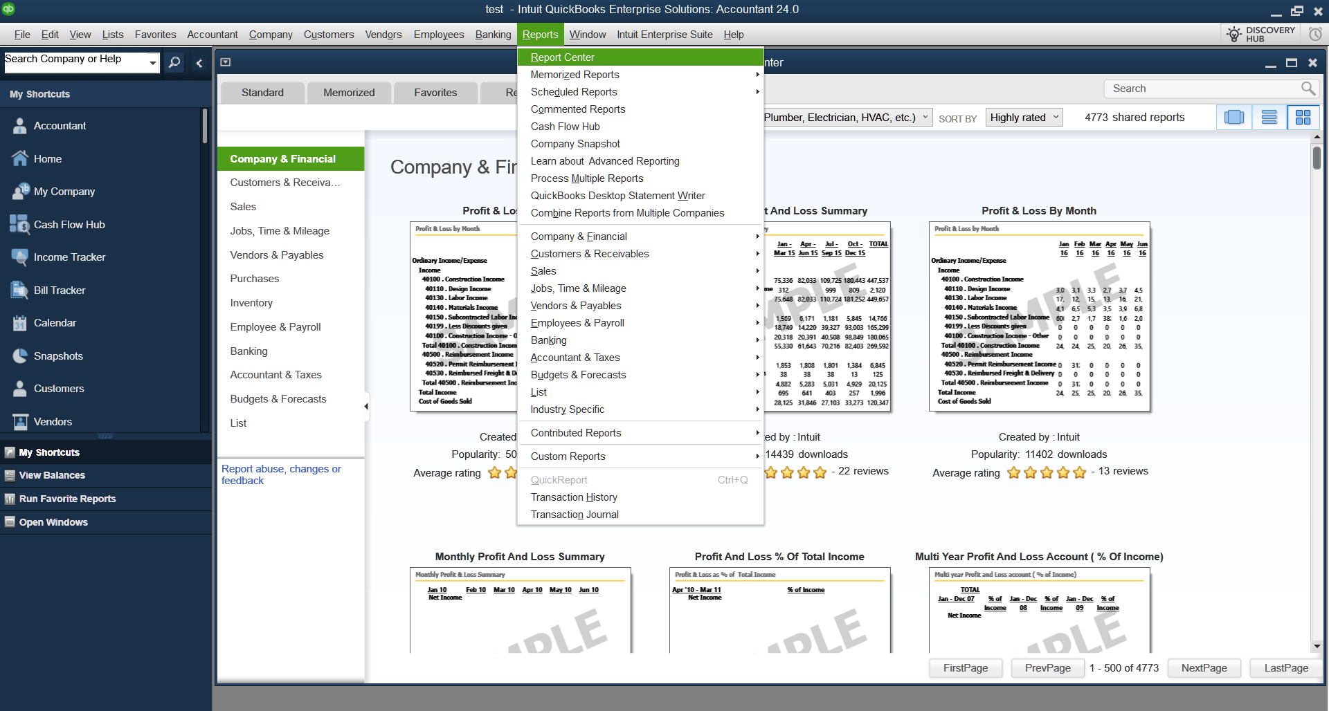 QuickBooks Desktop report center