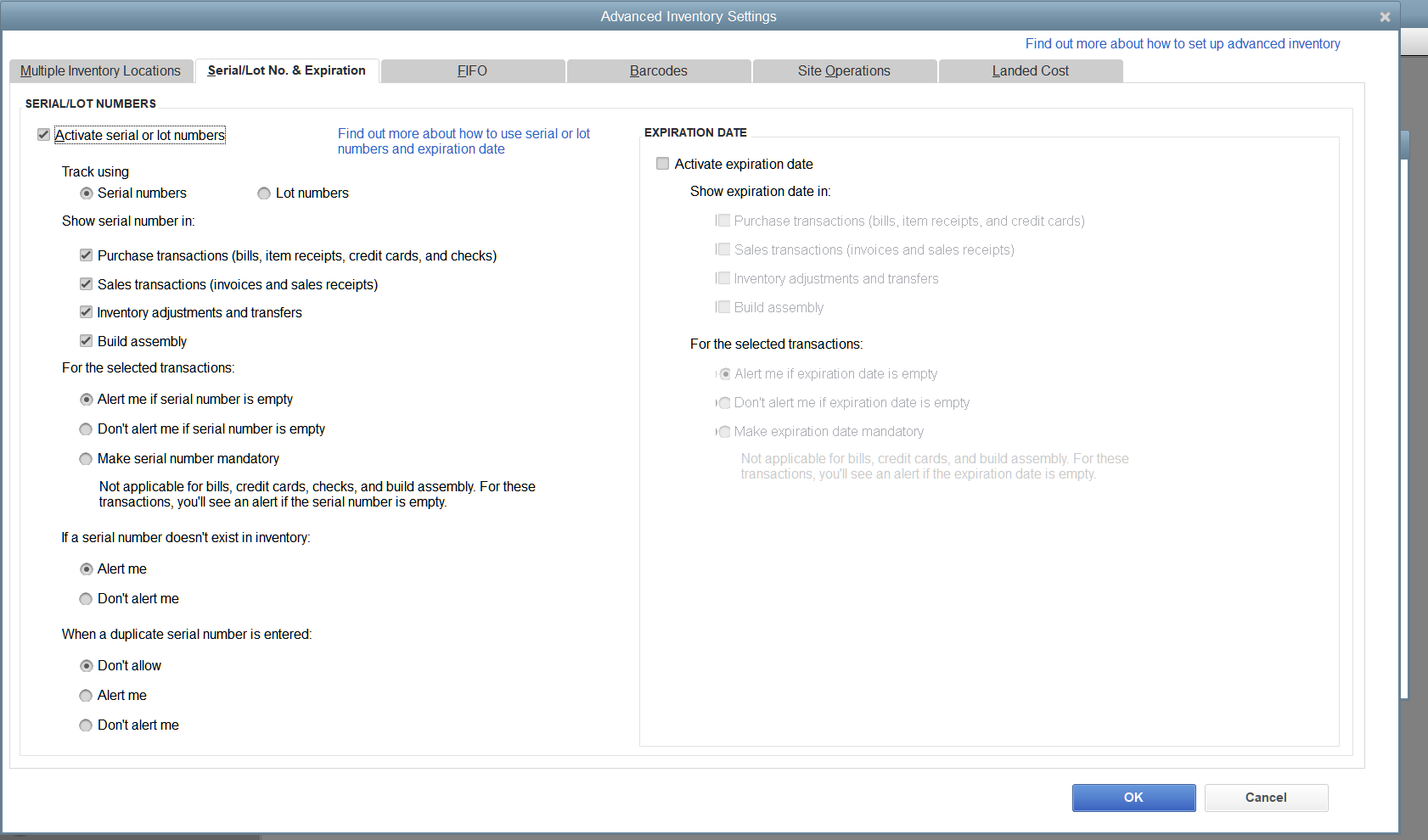 QuickBooks Desktop Advanced Inventory serial numbers versus lot numbers