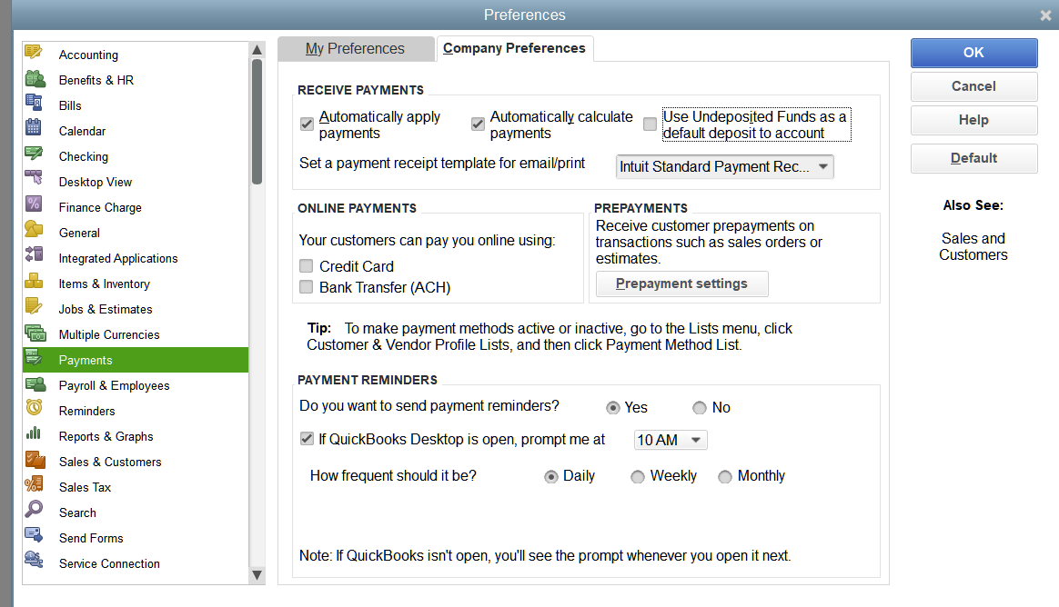 QuickBooks Desktop skip undeposited funds option when receiving payments